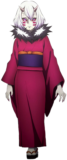 A short, pale woman of slight stature with medium lenght white hair, two dark red stripes across each of her cheeks, and a pair of horns protruding from either side of her forehead. She wears a plan red kimono with a black and white fur-line collar tied up at the back with a large, dark purple bow.