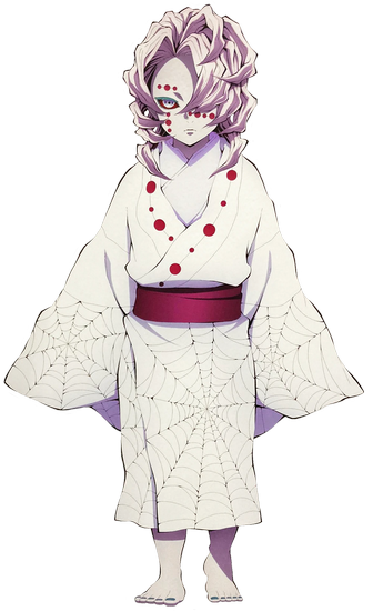 A young boy with pure white skin with red dots appearing at several spots on his face. His hair was white and resembled spider legs and his right eye bore three pupils. He wore a white, oversized kimono with spider webs etched on the sleeves and bottom.