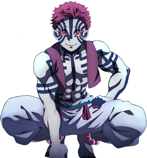 A muscular, average-height man with extremely pale skin that appears almost greenish-white, covered in a network of thick blue lines resembling tattoos, with short pink hair and yellow eyes with a blue colored sclera, wearing a sleeveless and cropped light purple haori and white pants.