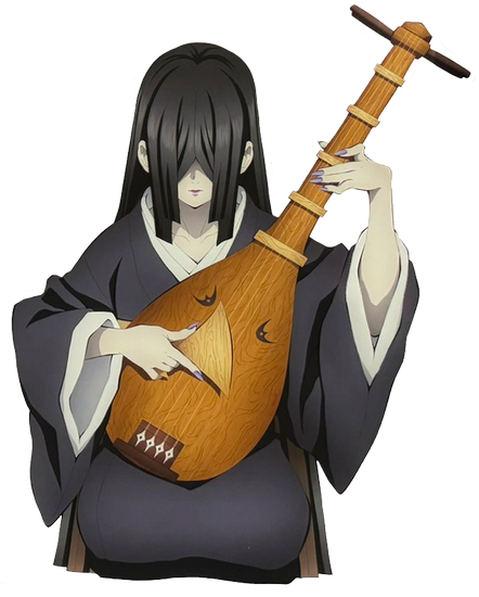 A pale woman with long, glossy black hair that falls in slight waves, obscuring her face with thick bangs, sharp blue-stained nails, and dark pink lips that contrast with her skin tone, wearing a loose black kimono and is always seen holding a four-stringed wooden biwa.