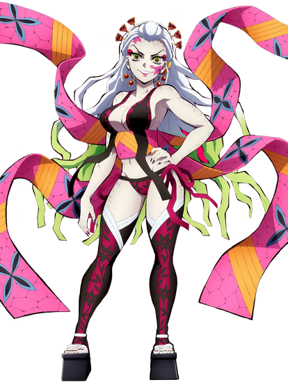 A tall, curvaceous women, with pale skin and long white hair with three hairpins on each side of her head, wearing pink and black panties with a pink and orange patterned obi wrapped around her stomach and billowing out in different directions around her.