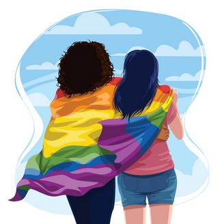 clipart of a lesbian couple looking into the distance with a pride flag wrapped around their backs