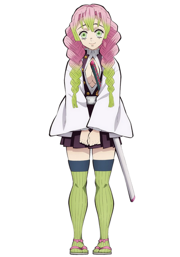 A young looking girl with pink and green hair in braids, wearing a modified version of the demon slayer uniform with a short pleated skirt and lime green thigh-high stockings.