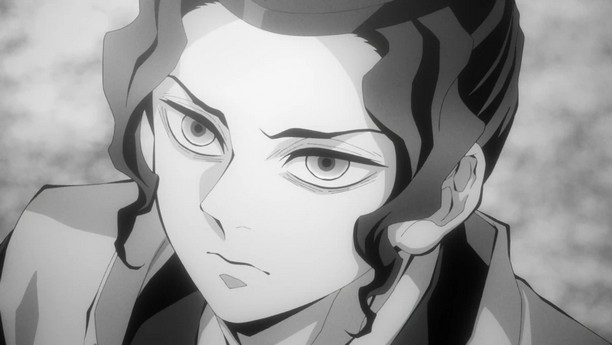 A black and white image of Muzan before he was turned into a demon. He's wearing a suit and has his hair styled nicely while he looks into the distance.