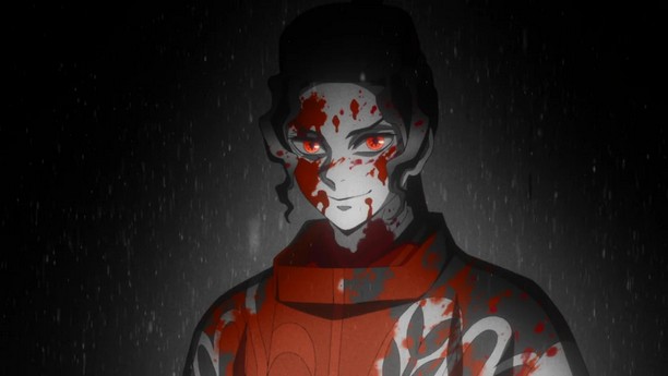 A young Muzan stands covered in blood all over his clothes and face. The image itself is in black and white, but his eyes and the blood are all red, creating a big contrast.