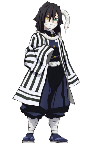 A young man with black hair of varying lengths, one yellow eye and one teal eye, his lower face covered by bandages, wearing a black and white striped haori over the demon slayer uniform, with a white snake wrapped around his shoulders.