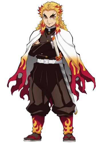 A young man with bright yellow hair with red streaks akin to flames, wearing a brown-tinted demon slayer uniform with a white haori with a white-yellow gradient pattern and red flame-like ridges at the end.