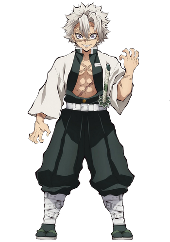 A young man with short, spiky white hair, bloodshot eyes, and scars across his face and body, wearing a green-tinted demon slayer uniform with the top unbuttoned, revealing his chest, and a white haori over top.