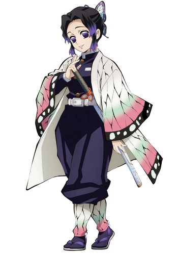 A petite young woman with large, hazy purple eyes that lack pupils, long, wavy black hair that fades to dark purple at the ends tied back into a low bun, wearing a butterfly resembling haori over her demon slayer uniform.