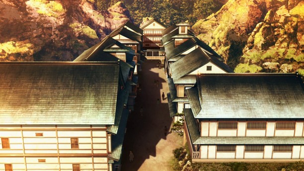 An overview of a village of japanese-style buildings, in the mountains, surrounded by deep forrests.