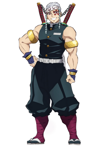 A very tall, muscular man, with striking white hair and fuchsia-colored eyes, with gold bangles around both wrists and biceps, wearing the demon slayer uniform with the sleeves ripped off and burgundy cloth wrapped around his calves.