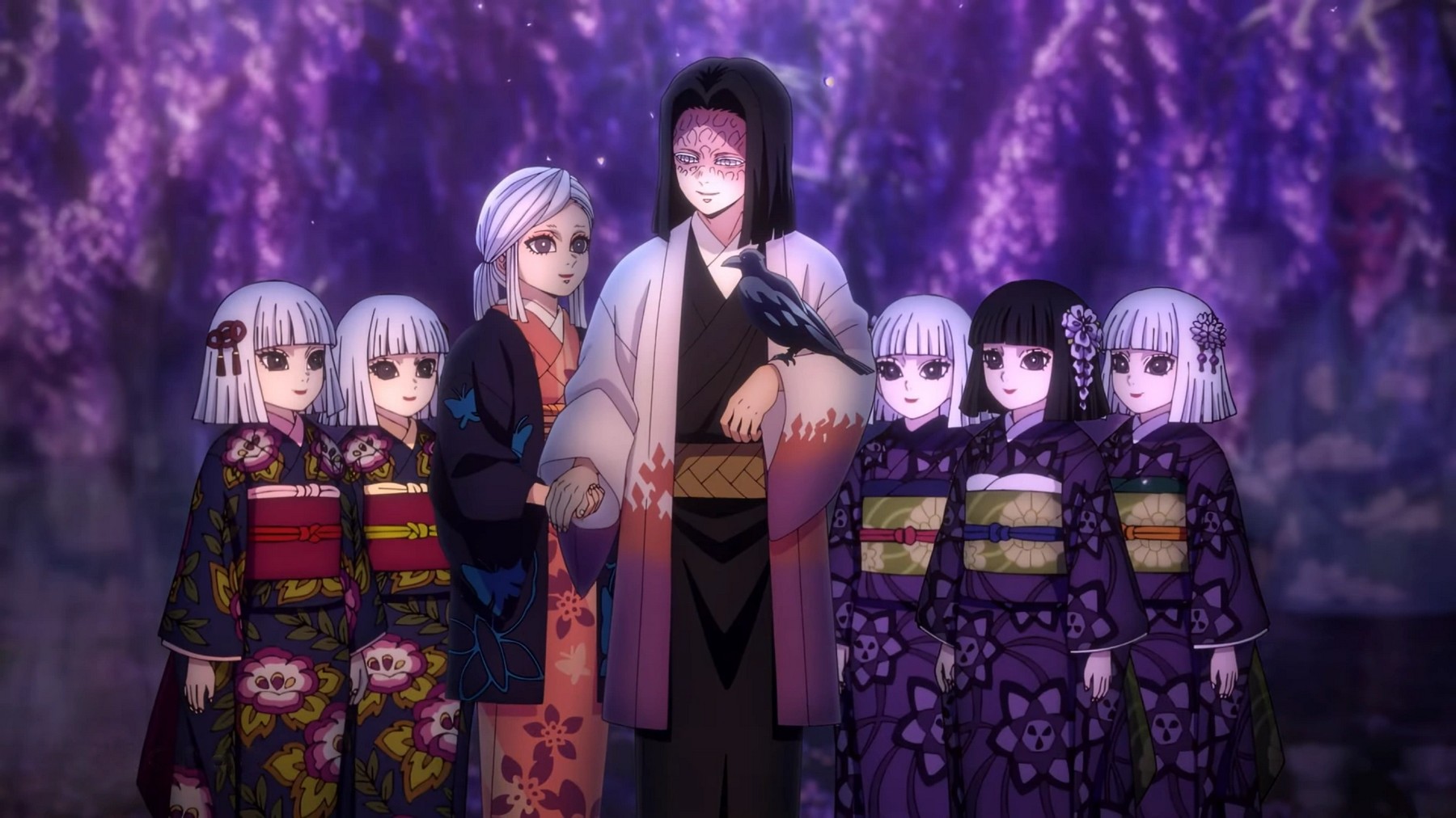 A sickly-looking man in the center with mid-length black hair, and a crow on his arm. Surrounded by his light-haired wife and their 5 seemingly identical children, all with white hair, except one with black hair.