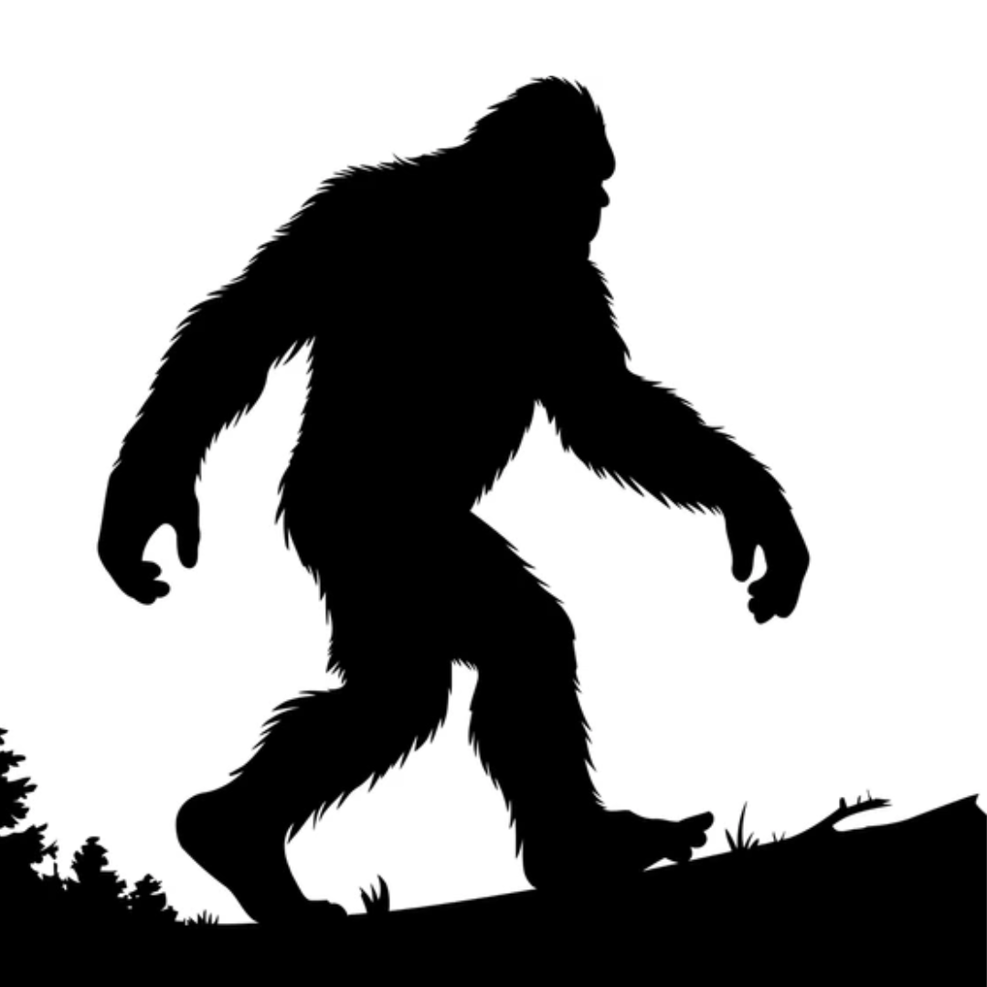 a black and white silhouette of Bigfoot, walking through a forest