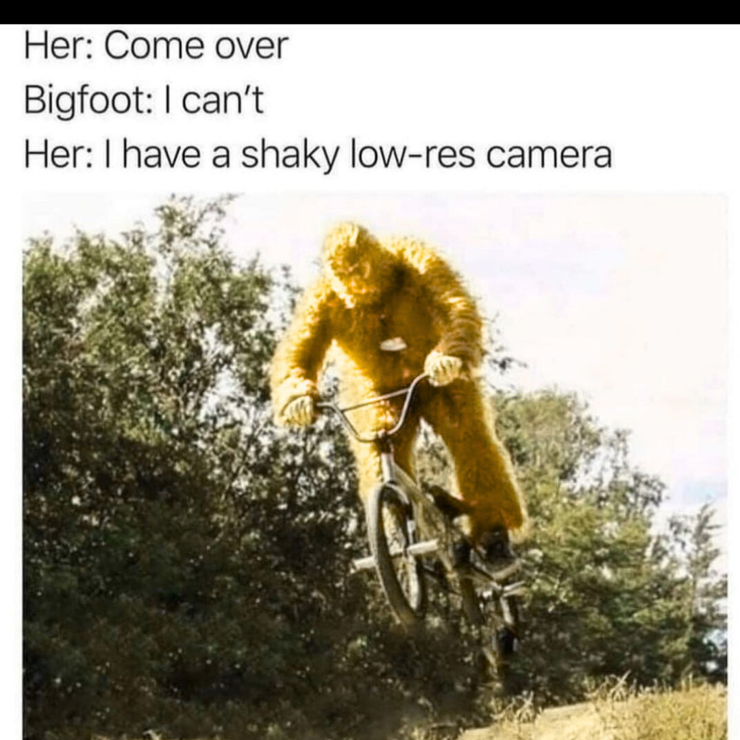 a script-style caption reading 'Her: Come over. Me: I can't. Her: I've got a low-res camera.' followed by a picture of bigfoot riding a trick bike over a jump in the woods.