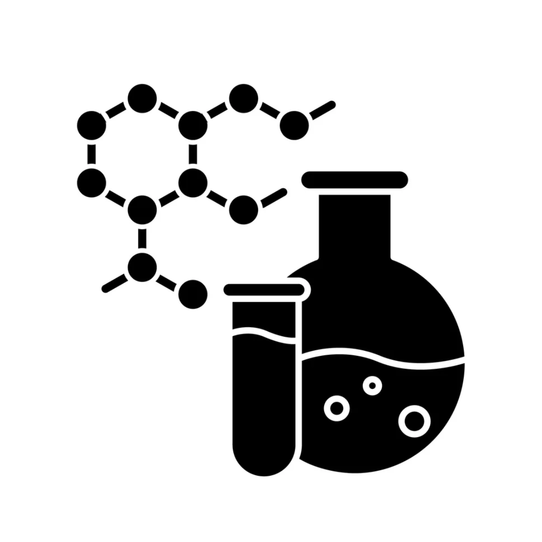 a graphic of a chemistry flask and phial with a molecular diagram