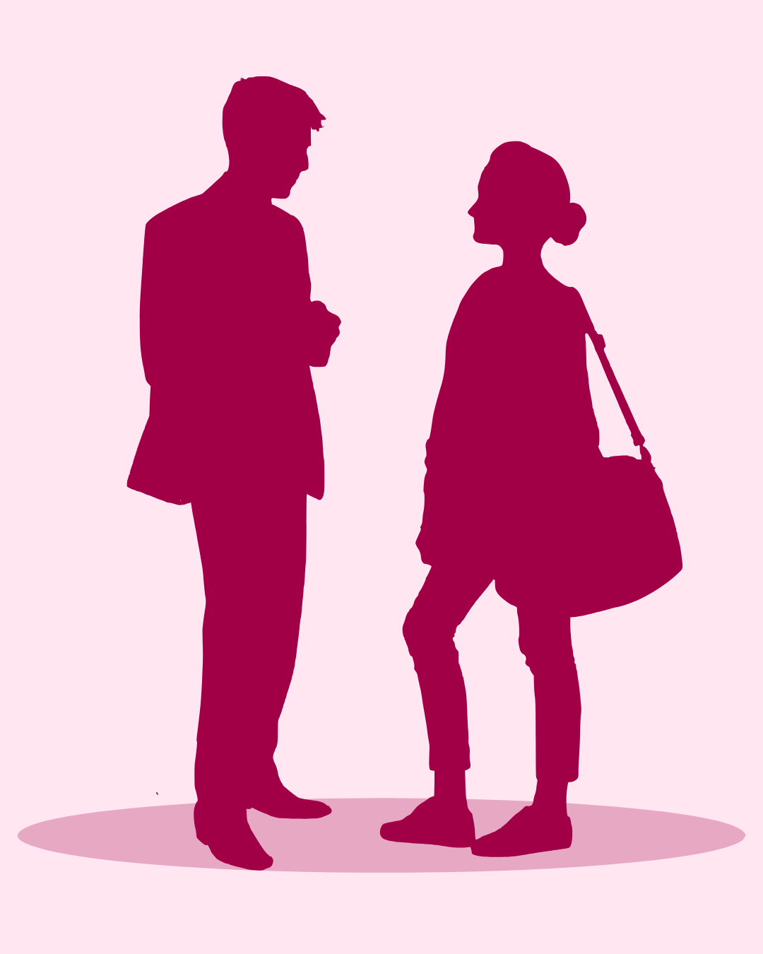 A silhouette of a man in a suit speaking with a woman wearing a shoulder bag with her hair tied in a bun