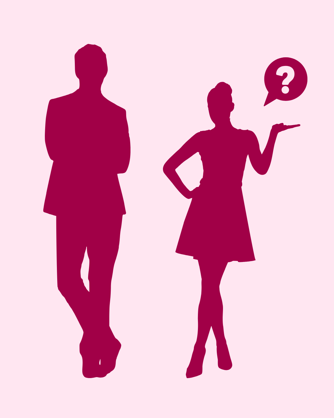 a business woman posing a question to a man who has his arms crossed