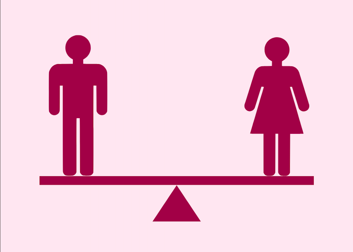 A man icon and a woman icon stand equally on a scale.