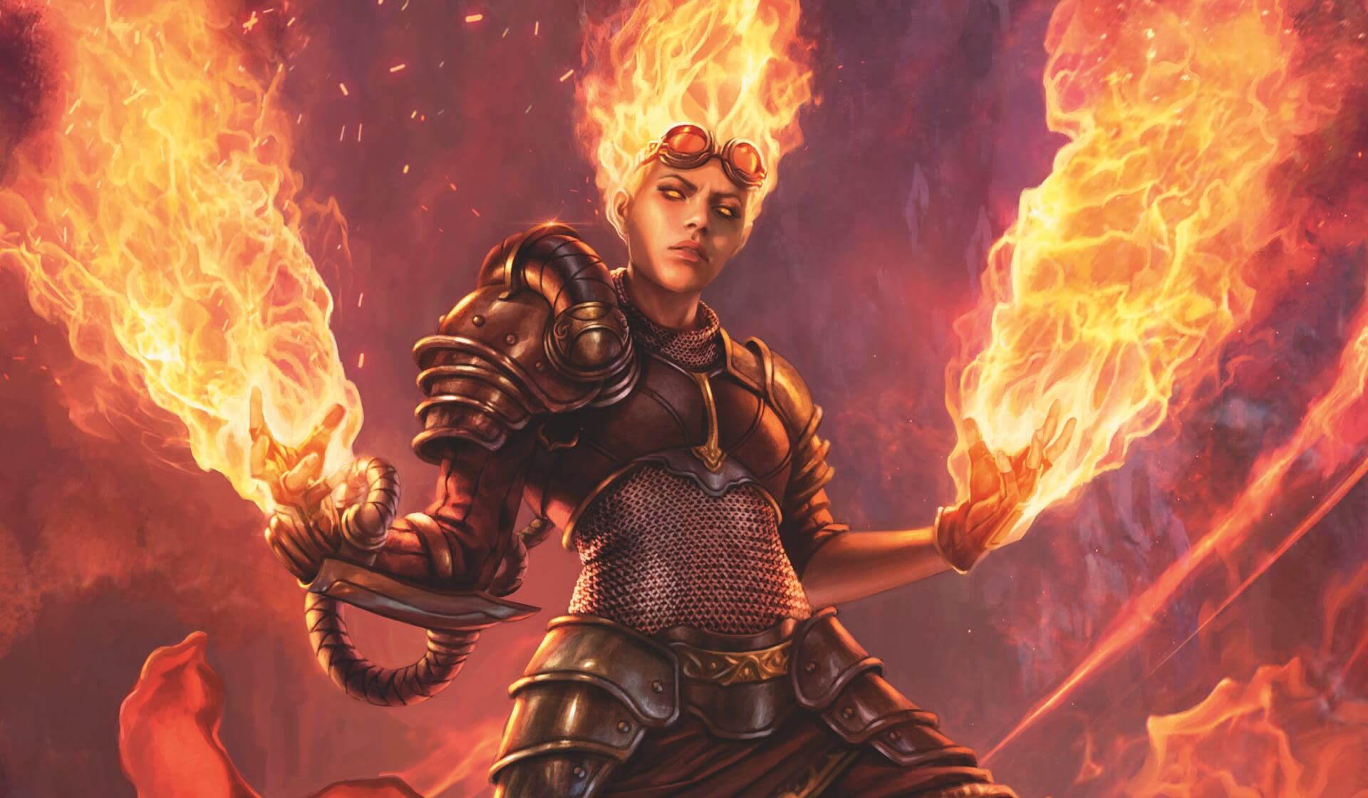 A woman with flames coming out of her hand and hair.