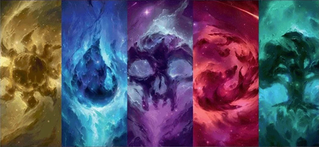 Theros Beyond Death land art in WUBRG order.