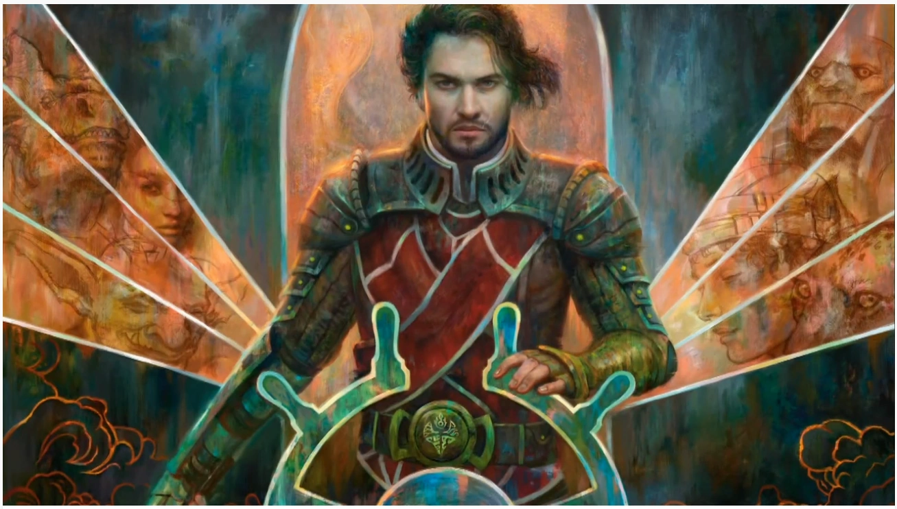 A man dressed in a red and black spacesuit, holding the helm of a sailing ship. Behing him is a teal and gold background.