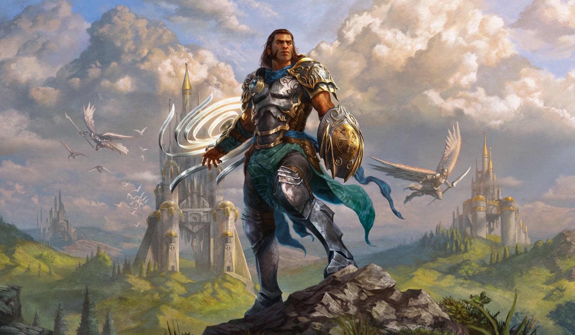 A man dressed in armor on a hill with soft light illuminating puffy clouds and a bird.