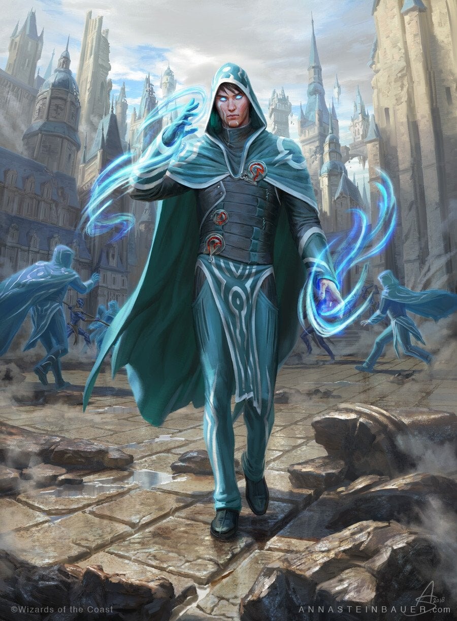 A man dressed in blue with blue clones behind him. The man has blue energy around his hands.