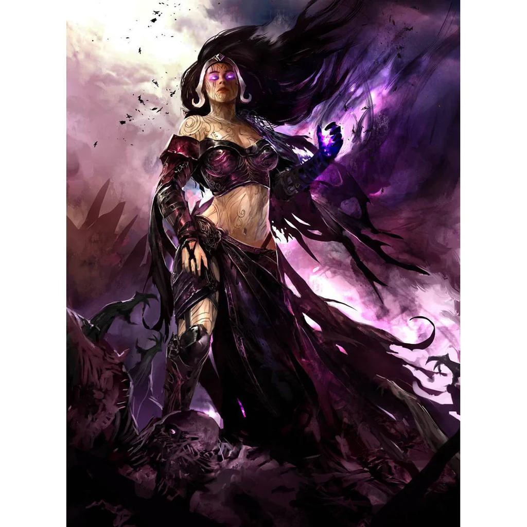 A woman with a black and purple storm behind her.