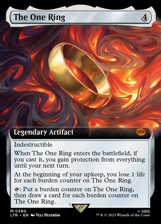 The One Ring is indesgtructible. As it enters, if you cast it, you gain protection from everything until your next turn.n You may tap it to put a burden counter on it and draw a card for each burden counter on it. At the beginning of each upkeep, you lose life equal to the number of counters on The One Ring.