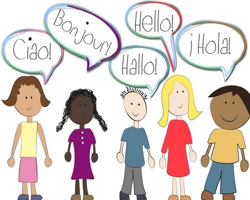 a clipart image of group of five people saying hello in multiple languages