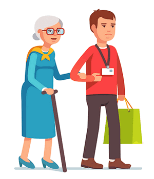a clipart image of man helping elderly lady by holding her grocery bag