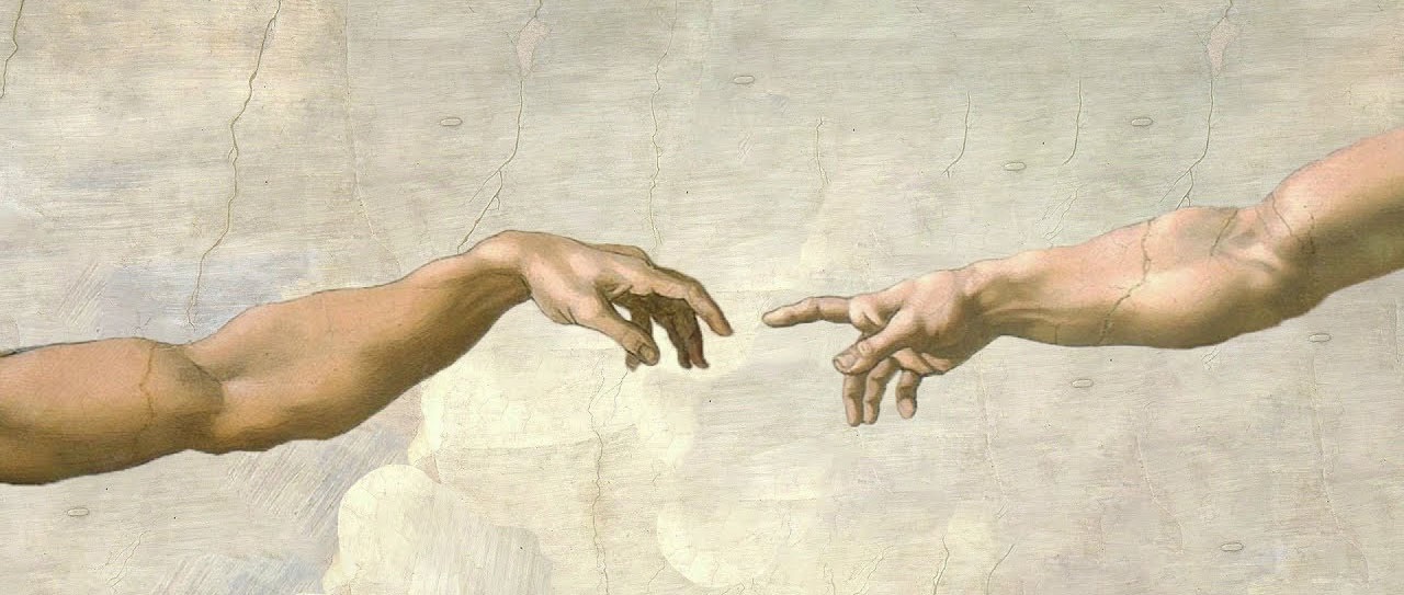 Two hands reaching towards each other with a cloud background; only the tips of the pointer fingers are touching one another.