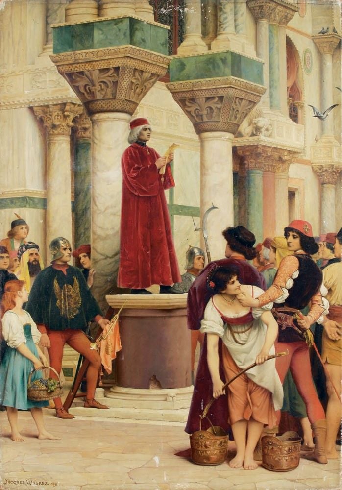 A painting depicts a crowd gathered around beautifully-carved marble columns lined with intricate designs. A man in a red robe stands on a pedestal in the center of the crowd. A majority of the crowd is attending to him as he reads from a small, palm-sized piece of parchment.