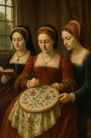 Three women are gathered together. They are all in tudor-style dresses and headdresses. AThe image is a painting. One women, in the middle, is doing an embroidery piece while the woman to her left watches. The woman on the right is also seated and reading a book.