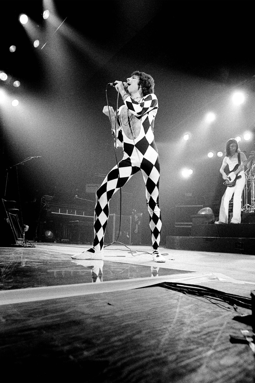 a picture of Freddie Mercury preforming on stage in a black and white checkered and deeply cut jumpsuit