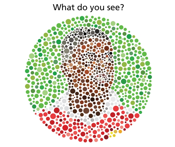 a graphic illustration of a classic colorblind test consisting of dots of different shades of colors forming the image of a black boy with the caption 'What do you see?' above it.