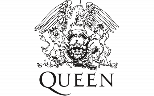 A black drawing of the band Queen's logo which looks like a traditional English coat of arms. It features a phoenix looking down at two lions, two fairies, and a crab.