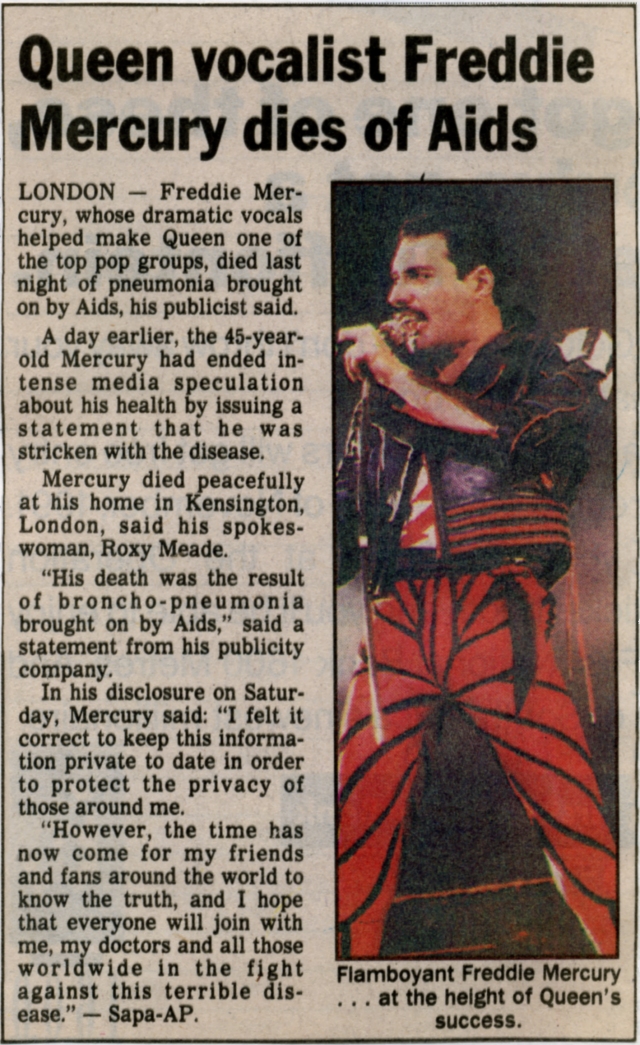 A newspaper clipping reporting on Freddie's death featuring a photo of him from one of his concerts and the headline:'Queen vocalist Freddie Mercury dies of Aids'