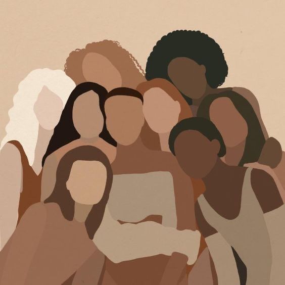 a graphic illustration of a group of nine women in various shades of brown and beige set against a brown backdrop