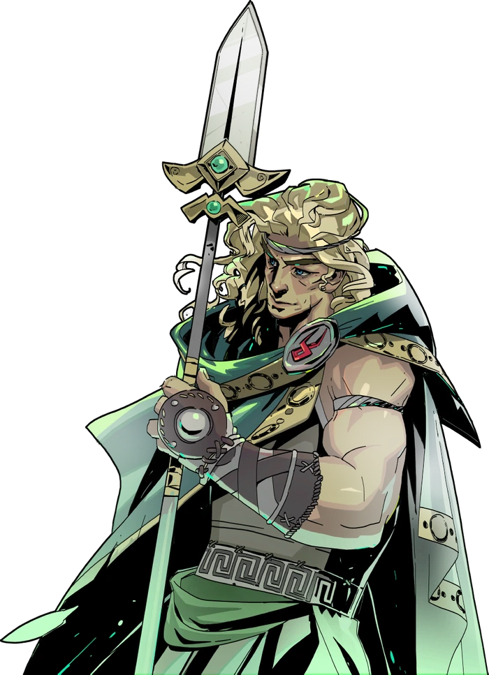 A good looking, well-built, tanned man with long blond hair in green robes clutches a spear in front of him.