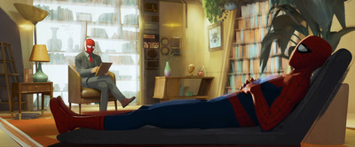 one spiderman lays on a couch while another spiderman in a suit and tie uses therapeutic methods to try and help the other spiderman