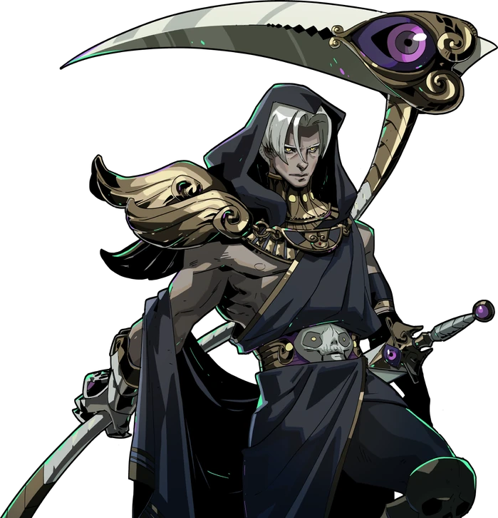 Thanatos, God of Death, averts his gaze to the side while wearing dark black robes and brandishing his signature weapon, the scythe.