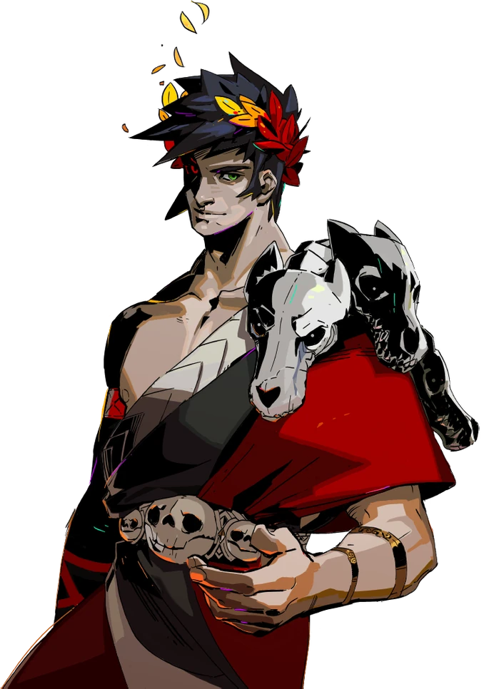 Zagreus, God of Blood, poses with hand outstretched while clothed in a red toga adorned with skulls with a laurel crown on his head.