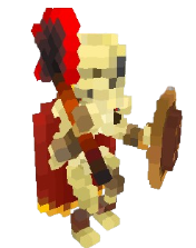 An in-game screenshot of a Skeleton wearing an eyepatch, cape, and holding a sword and shield