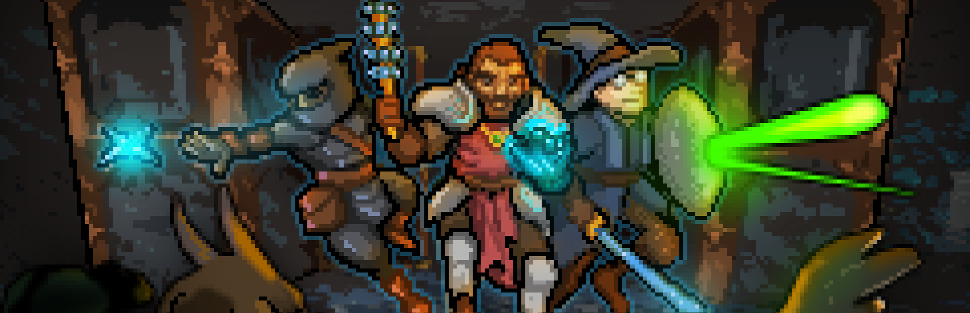 A pixal art image of three adventurers exploring a dark dungeon by torchlight