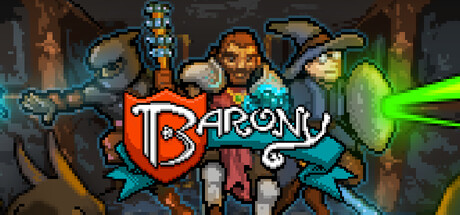 A pixal art image of three adventurers exploring a dark dungeon by torchlight with the Barony game logo on top