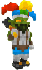 An in-game screenshot of a Goblin in armor wearing a colorful jester's hat
