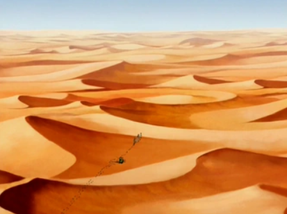 Team Avatar slowly traveling through the vast dunes of the Si Wong Desert