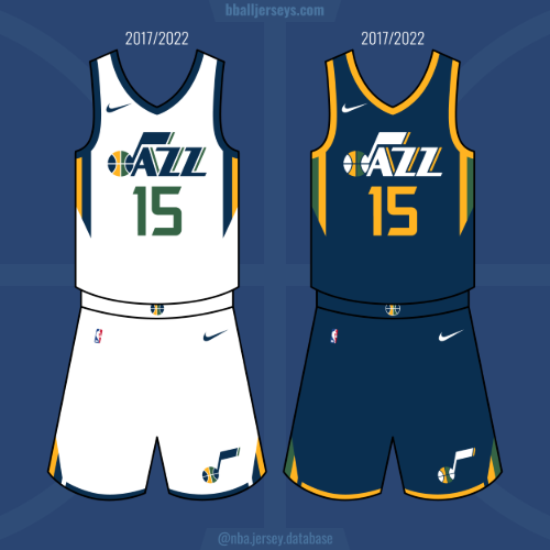 White, Blue, Green, and Gold Jazz Jerseys from the mid 2010's'