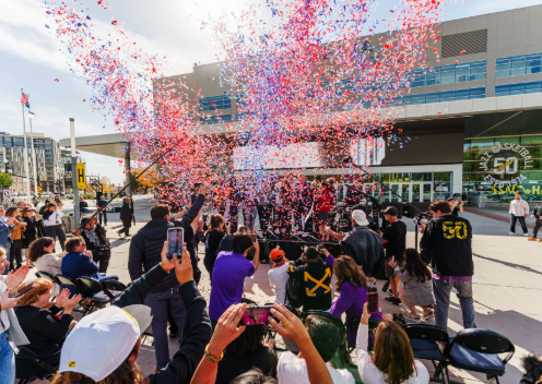 Jazz fans celebrating outside of the Delta Center.